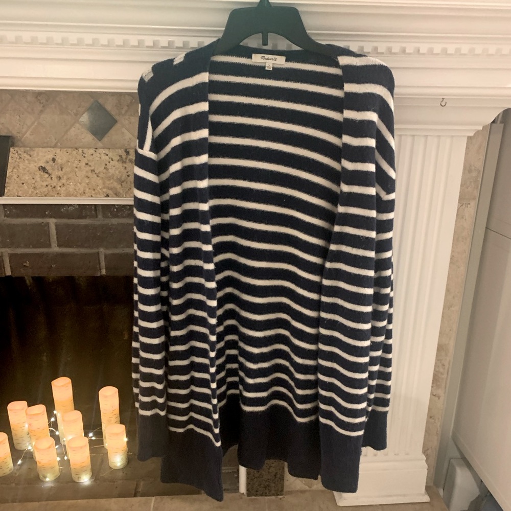 Soft navy and white cardigan sweater.